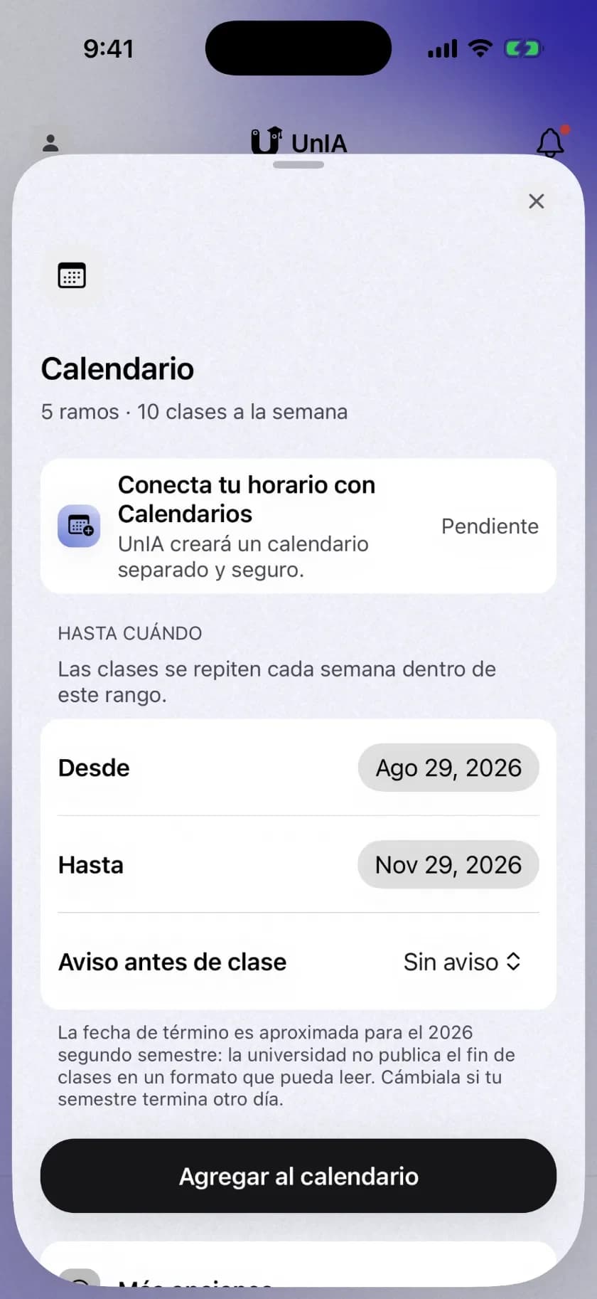 Pantalla de UnIA para conectar el horario con el calendario