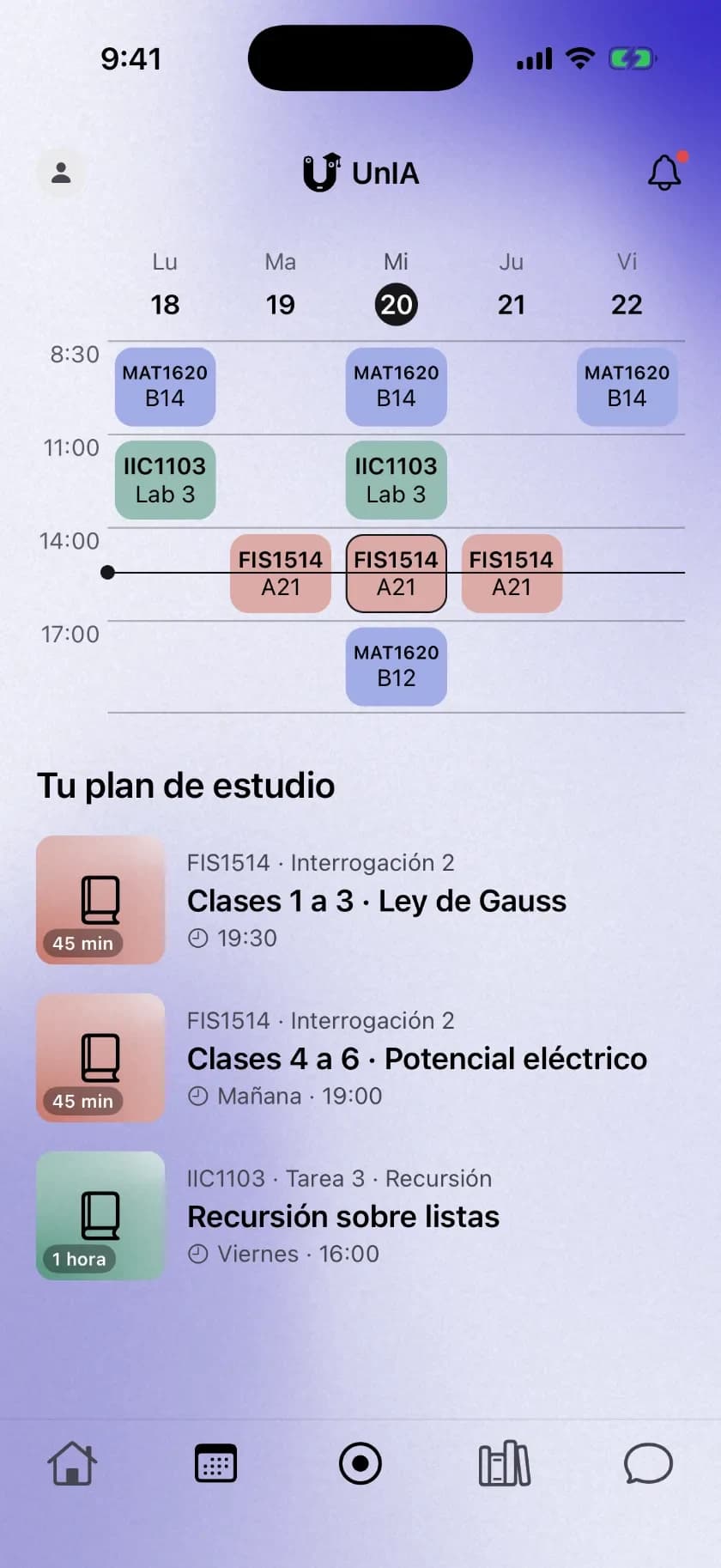 Pantalla principal de UnIA con horario semanal y plan de estudio